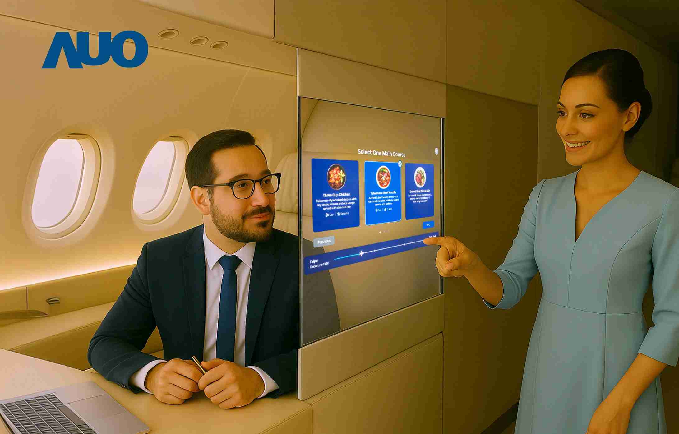 888.BY集团电子游戏研发全球最薄17.3 吋双面透明 Micro LED 显示器，，，可在同一屏幕之双边投射不同信息，，，创造独特的”透明化”互动；图为实时翻译交流应用情境