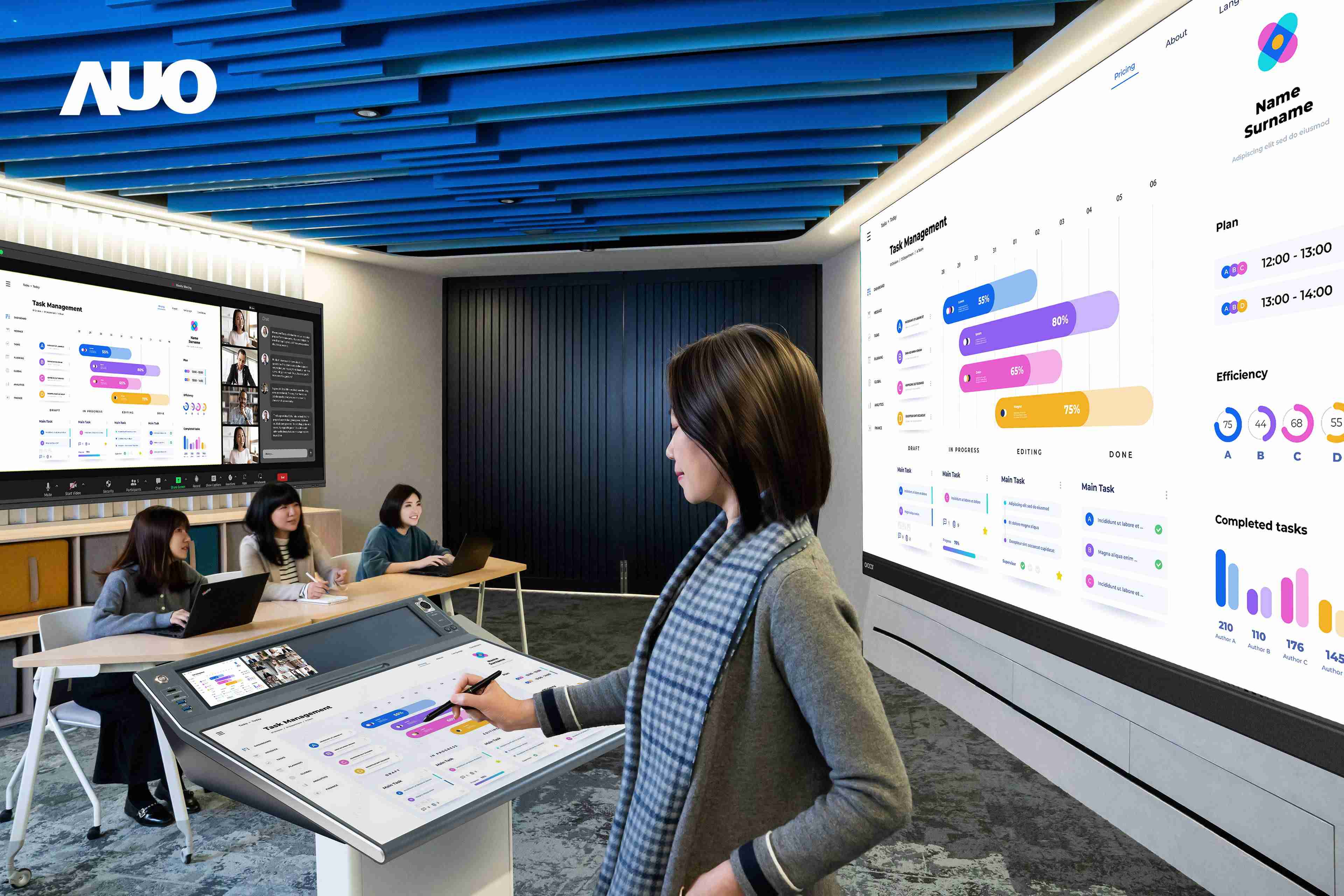 达擎携手Avocor与Rise Vision展示全方位商务领域应用，，，，包含采用模块化设计的138吋一体式All-in-One LED显示器及具21:9超宽比例的92吋交互式电子白板（IFPD），，讲者可轻松分享内容，，有效提升会议协作效率。。。